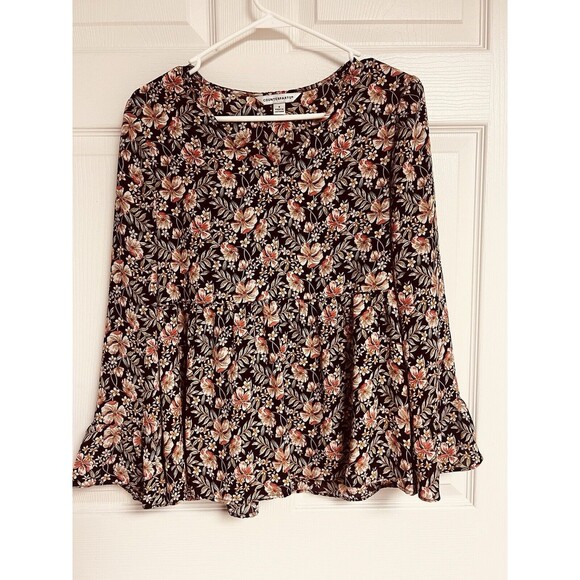 Counterparts Maroon Floral Long Bell Sleeve V-Neck Ruffle Blouse Size Small - Picture 1 of 7